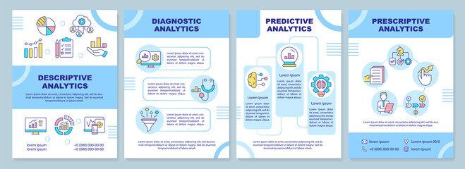 Wall Mural - Types of business analytics blue brochure template. Descriptive. Leaflet design with linear icons. 4 vector layouts for presentation, annual reports. Arial-Black, Myriad Pro-Regular fonts used