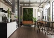 Nowoczesny loft, zaprojektowany jako mieszkanie z kuchnią, jadalnią oraz pokojem dziennym. Zielona ściana - ogród wertykalny stanowiący dekorację wnętrza.