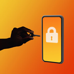 Poster - Hand Holding Key Near Smartphone With Lock Icon, Orange Background