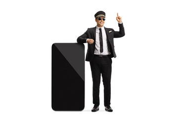 Poster - Chauffeur leaning on a big mobile phone and pointing up