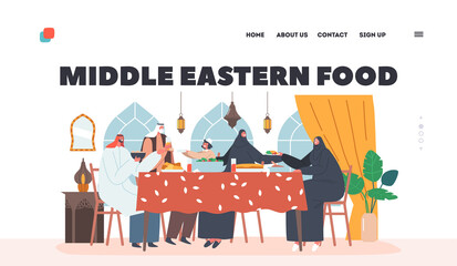 Wall Mural - Middle Eastern Food Landing Page Template. Traditional Arab Family Characters Eating Dinner Sitting Together at Table