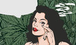 A lady with tear red eys on cannabis leafs background
