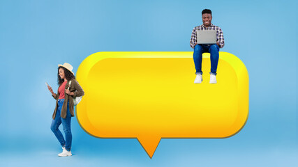 Poster - African Couple Texting Posing Near Big Message Icon, Blue Background