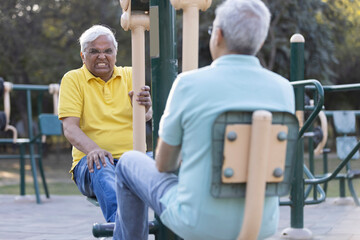 Wall Mural - Two senior man doing leg exercise on leg press machine in open air gym at park