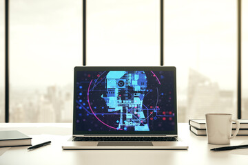 Poster - Modern computer screen with creative human head microcircuit. Future technology and AI concept. 3D Rendering