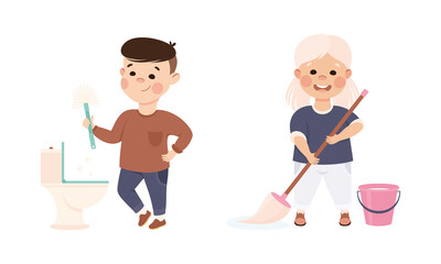 Poster - Kids doing household chores set. Boy cleaning toilet bowl, girl mopping floor with mop cartoon vector illustration i