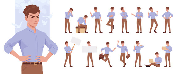 Young businessman, manager character set, corporate business bundle, different poses, gestures, emotions, various office situations. Vector flat style cartoon character isolated on white background