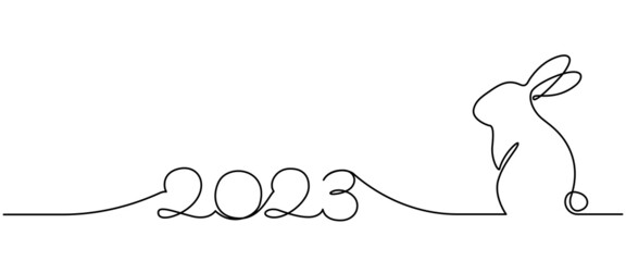 Poster - Continuous one line drawing of Bunny symbol of 2023 year. Fluffy rabbit silhouette in simple linear style for winter design greeting card and web banner. Editable stroke. Doodle Vector illustration