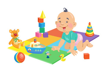 Wall Mural - Cute Asian baby on a colorful play mat surrounded by toys. In cartoon style. Isolated on white background. Vector illustration