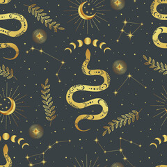 Wall Mural - Vector magic seamless pattern with constellations, snakes, flowers, moon and stars. Mystical esoteric background for design of fabric, packaging, astrology, phone case, wrapping paper.
