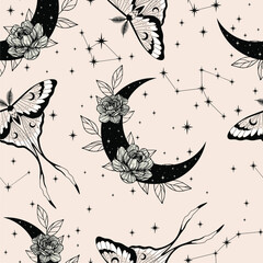 Wall Mural - Magic seamless pattern with butterflies and crescents. Boho magic background with black space elements stars, moth. Trendy texture for print, textile, packaging.