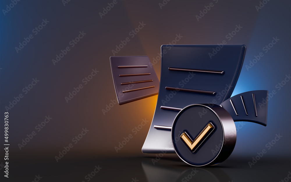 Document check mark icon on dark background 3d render concept for paper ...