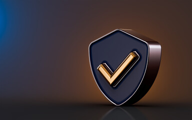 security shield check mark icon on dark background 3d render concept for safe protection approved