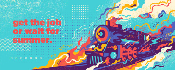 Wall Mural - Abstract colorful graffiti style illustration with retro locomotive and splashing shapes. Vector illustration.	