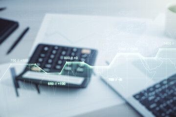Poster - Multi exposure of creative statistics data hologram on blurry calculator with laptop background, stats and analytics concept