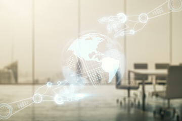 Aufkleber - Abstract virtual robotics technology sketch with globe on a modern boardroom background, future technology and AI concept. Double exposure