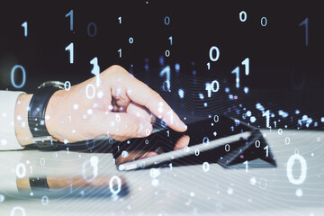 Aufkleber - Creative abstract binary code hologram and finger presses on a digital tablet on background, AI and machine learning concept. Multiexposure