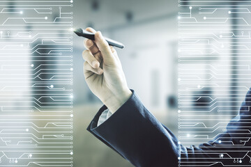 Aufkleber - Man hand with pen draws abstract virtual microscheme illustration on blurred office background. Big data and database concept. Multiexposure