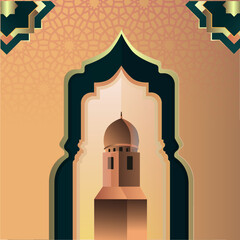 Wall Mural - orange islamic background with tower of mosque