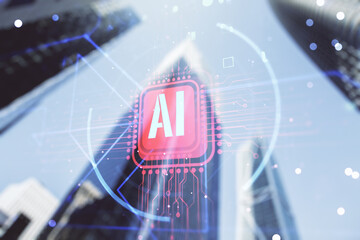 Poster - double exposure of creative artificial intelligence abbreviation hologram on blurry cityscape backgr