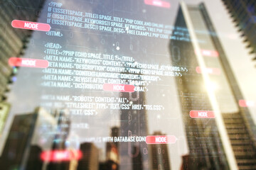 Poster - Double exposure of abstract programming language interface on modern skyscrapers background, research and development concept