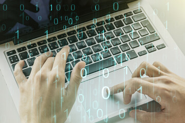 Aufkleber - Creative abstract binary code hologram and hands typing on computer keyboard on background, AI and machine learning concept. Multiexposure