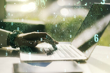 Poster - Double exposure of abstract creative programming illustration with world map and hand typing on laptop on background, big data and blockchain concept