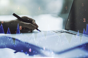 Poster - Abstract creative analytics data spreadsheet with hand writing in diary on background with laptop, analytics and analysis concept. Multiexposure