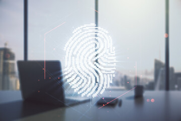 Aufkleber - Multi exposure of abstract creative fingerprint illustration and modern desktop with computer on background, digital access concept
