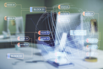 Poster - Abstract creative coding concept with world map on modern laptop background. Multiexposure
