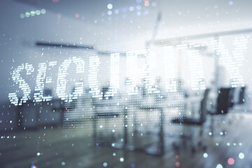 Poster - Virtual cyber security creative concept on a modern furnished office background. Double exposure