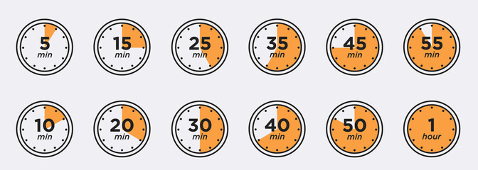 Wall Mural - Timer, clock, stopwatch isolated set icons. Label cooking time. Vector illustration