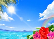 太陽の光差し込む青い空の下、美しい海沿いにヤシの木と虹のかかるハイビスカスの咲く夏のおしゃれフレーム背景素材