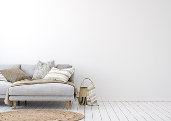 Living room interior background with neutral grey sofa, wall mockup, 3d render