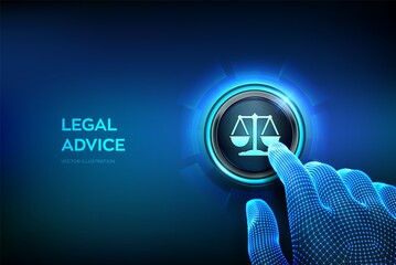 Wall Mural - Labor law, Lawyer, Attorney at law, Legal advice concept. Closeup finger about to press a button. Internet law and cyberlaw as digital legal services or online lawyer advice. Vecto illustration.