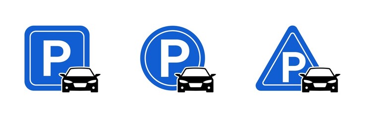 Car parking place icon set. Parking space. Parking signs set. Signs collection. Car icon. Road traffic concept. Vector graphic.