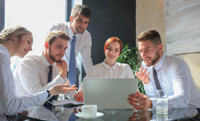 Sticker - Group of business partners discussing ideas and planning work in office.