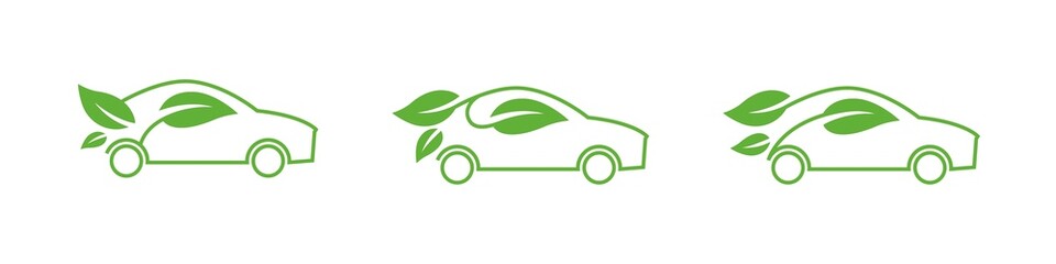 Eco car vector icon set. Green car template collection. Ecological transport concept. Green car with leaves icon set. Safe world. Health automotive technology concept. Future technology. Vector