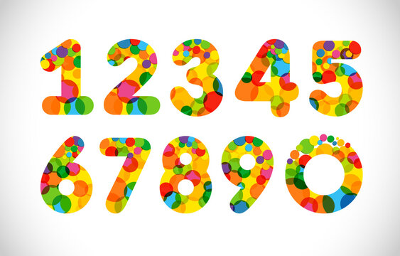 Set of colorful numbers. Creative festive confetti textured typescript. Isolated abstract graphic design template. Coloured signs 1 - 10, up 0 to 9. Sale or anniversary concept. Holiday decoration.