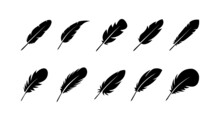 Bird Feathers Icon Set Isolated On White Background. Different Birds Feathers. Feather Shapes Silhouetes. Plumelet Collection. Bird Feather. Wings Icons. Flying Concept Icons. Vector Graphic.