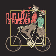 Retro Illustration Of Skeleton Couple Riding A Bike