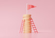 © N ON NE ON - Grow target achievement Stack coins with staircase growth embroidered flag, Financial graph economics, earning money saving investment education concept. on pink background. 3d render illustration