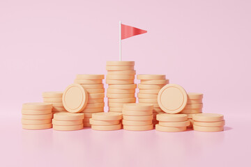 Poster - Embroidered flag stack coins, Financial graph economics analytics. growth target achievement cost reduction saving investment education concept. on pink background. 3d render illustration