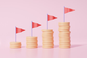 Wall Mural - Stack coins Growth embroidered flag, Financial graph economics analytics grow target achievement cost, income earning money saving investment education concept. on pink background. 3d rendering