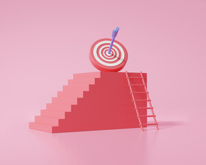 Poster - Minimal cartoon Red staircase strategy step by step growth of business, embroidered arrow achievement target successful concept. on pink background. 3d render illustration