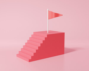 Poster - Red staircase strategy step by step growth of business, flag target successful concept. minimal cartoon on pink background. 3d render illustration