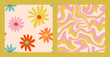 1970 Daisy Flowers and Wavy Swirl Seamless Pattern Set in Yellow, Pink Colors. Hand-Drawn Vector Illustration. Seventies Style, Groovy Background, Wallpaper. Flat Design, Hippie Aesthetic.