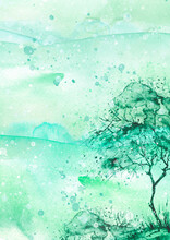 Watercolor Vintage Bush, A Tree. On The Sunset. Abstract Spots, Shore, Sky, Watercolor Landscape. Countryside Landscape With Tree On A Hill.Country Landscape. Cover, Banner, Drawing. Splashes