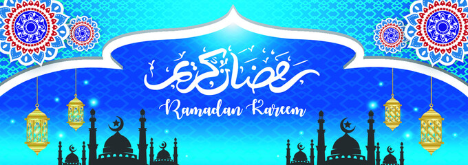 ramadan kareem concept banner 3d gold frame arabic window on beautiful background beautiful arabic pattern vector illustration hanging golden crescent moon and paper cut stars at clouds for text