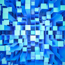 Abstract Background Of Blue Isometric Cuboids Depicting A Cityscape. Shot From Above With Diminishing Perspective